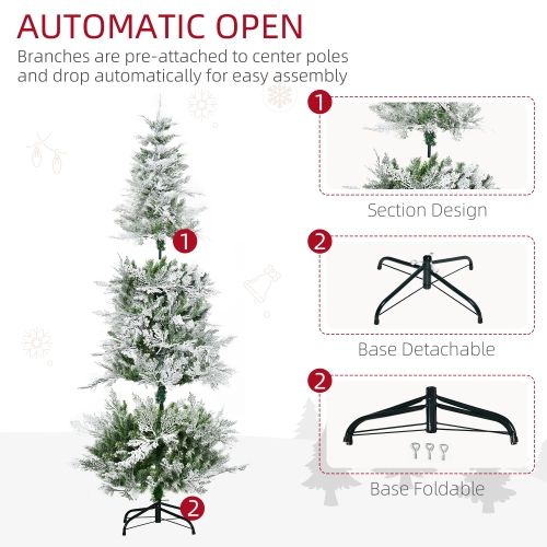 HOMCOM 6 FT Pencil Snow Flocked Artificial Christmas Tree with Realistic Cypress Branches, Auto Open, Green