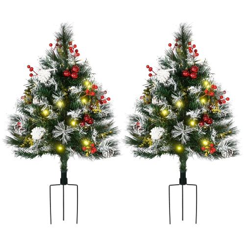 HOMCOM 2 Foot/23 inch 2 Pack Pre-lit Artificial Christmas Tree Cordless with 70 Branches, Warm-toned White LED Lights, Red Berries, Pine Cones, Balls
