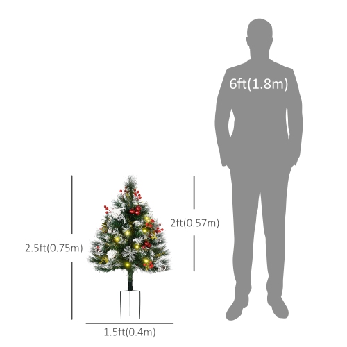 HOMCOM 2 Foot/23 inch 2 Pack Pre-lit Artificial Christmas Tree Cordless with 70 Branches, Warm-toned White LED Lights, Red Berries, Pine Cones, Balls