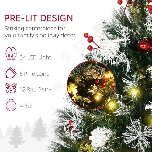 HOMCOM 2 Foot/23 inch 2 Pack Pre-lit Artificial Christmas Tree Cordless with 70 Branches, Warm-toned White LED Lights, Red Berries, Pine Cones, Balls