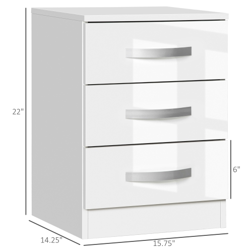 HOMCOM Modern Nightstand Set of 2, Bedside Tables with 3 High Gloss Drawers for Bedroom, White