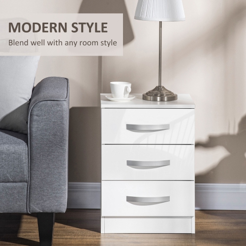 HOMCOM Modern Nightstand Set of 2, Bedside Tables with 3 High Gloss Drawers for Bedroom, White