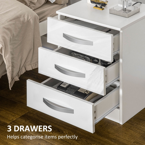 HOMCOM Modern Nightstand Set of 2, Bedside Tables with 3 High Gloss Drawers for Bedroom, White
