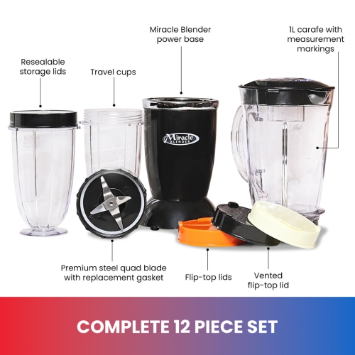 Total Chef Miracle Blender, 12 pc Bullet Blender Set with Heavy Duty Quad Blade, 1L Carafe, Travel Cups and Lids, Dishwasher-Safe Accessories, for