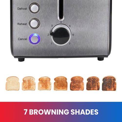 Total Chef 2 Slice Compact Wide Slot Toaster with 7 Shade Settings, Stainless Steel, Defrost and Reheat, Removable Crumb Tray, Easy to Clean, Black