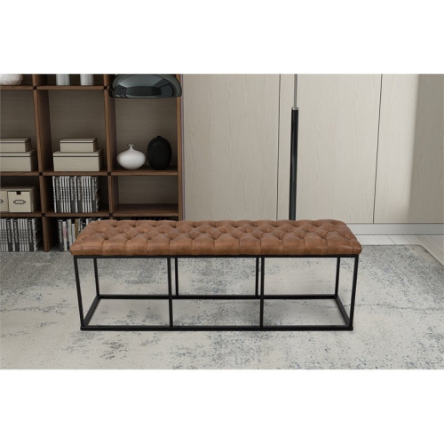 HomePop Draper Modern Faux Leather Large Bench with Button Tufting in Brown
