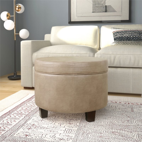 HomePop Round Transitional Wood and Faux Leather Storage Ottoman in Brown
