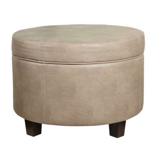 HomePop Round Transitional Wood and Faux Leather Storage Ottoman in Brown