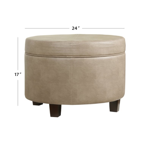 HomePop Round Transitional Wood and Faux Leather Storage Ottoman in Brown