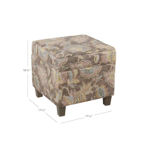 HomePop Square Fabric Floral Pattern Ottoman with Lift Off Lid in Brown/Gray