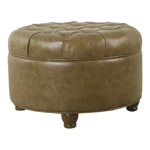 HOMEPOP  Round Traditional Faux Leather Large Storage Ottoman In Distressed In Brown