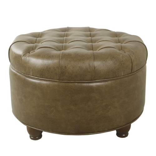 HomePop Round Traditional Faux Leather Large Storage Ottoman in Distressed Brown
