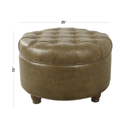 HomePop Round Traditional Faux Leather Large Storage Ottoman in Distressed Brown