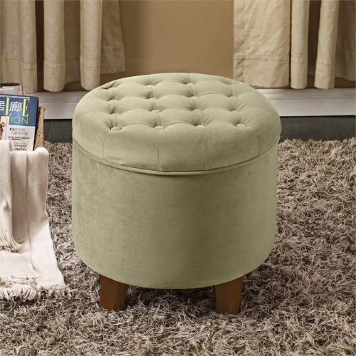 HomePop Round Transitional Wood and Velvet Ottoman with Storage in Brown