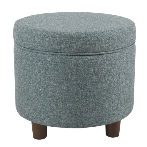 HomePop Round Transitional Wood and Fabric Storage Ottoman in Teal Blue Tweed