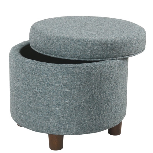 HomePop Round Transitional Wood and Fabric Storage Ottoman in Teal Blue Tweed