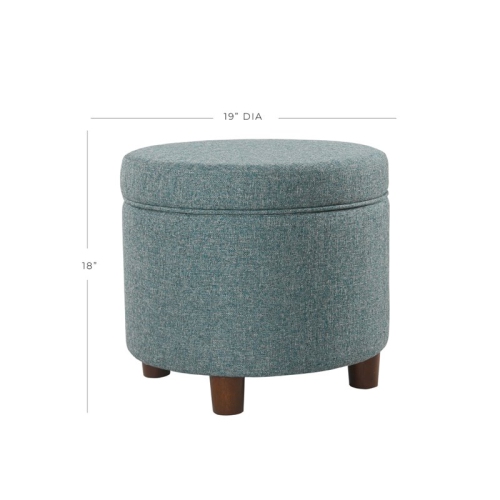 HomePop Round Transitional Wood and Fabric Storage Ottoman in Teal Blue Tweed
