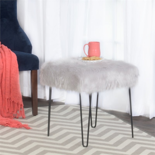 HomePop 18.5" Square Modern Metal and Faux Fur Stool in Gray