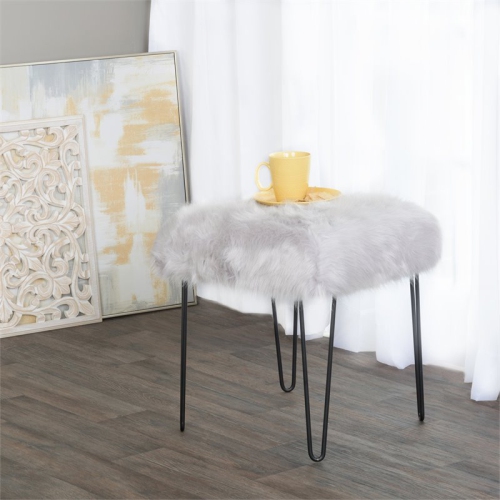 HomePop 18.5" Square Modern Metal and Faux Fur Stool in Gray