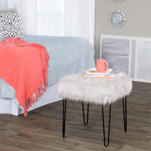 HomePop 18.5" Square Modern Metal and Faux Fur Stool in Gray