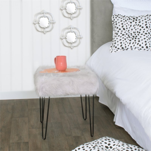 HomePop 18.5" Square Modern Metal and Faux Fur Stool in Gray
