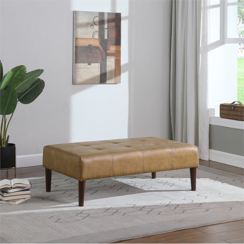 HomePop Tufted Modern Wood and Vegan Faux Leather Ottoman in Light Brown