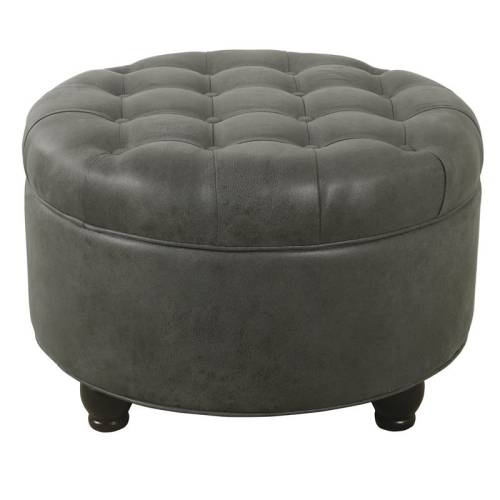 HomePop Round Traditional Wood and Faux Leather Large Storage Ottoman in Gray