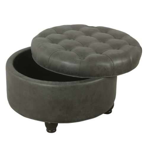 HomePop Round Traditional Wood and Faux Leather Large Storage Ottoman in Gray