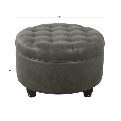 HomePop Round Traditional Wood and Faux Leather Large Storage Ottoman in Gray