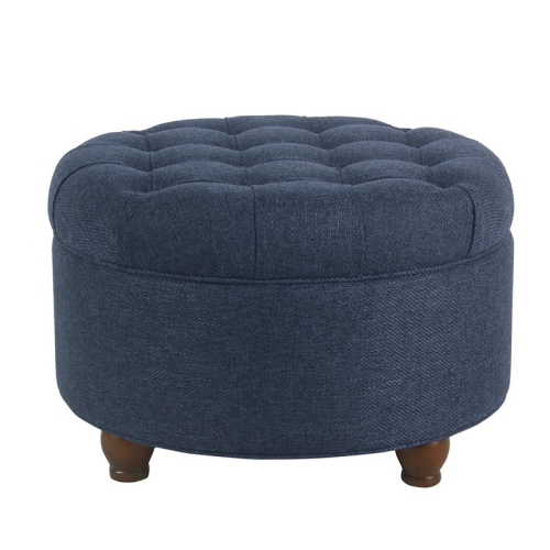 HomePop Round Traditional Wood and Fabric Large Storage Ottoman in Navy Blue