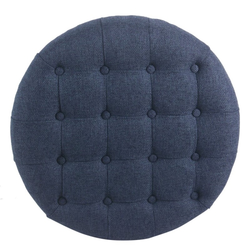 HomePop Round Traditional Wood and Fabric Large Storage Ottoman in Navy Blue