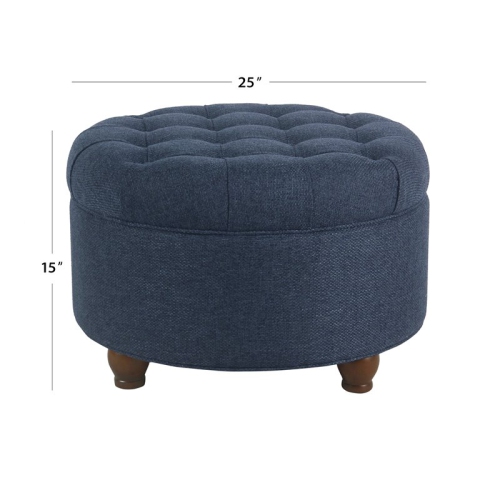 HomePop Round Traditional Wood and Fabric Large Storage Ottoman in Navy Blue