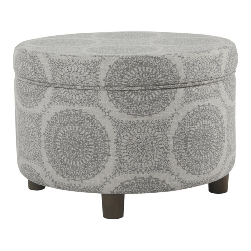 HOMEPOP  Round Transitional Wood And Fabric Storage Ottoman In Medallion In Gray