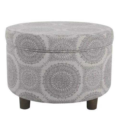 HomePop Round Transitional Wood and Fabric Storage Ottoman in Gray Medallion