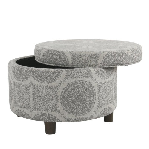 HomePop Round Transitional Wood and Fabric Storage Ottoman in Gray Medallion