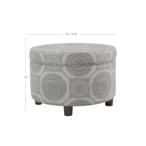 HomePop Round Transitional Wood and Fabric Storage Ottoman in Gray Medallion