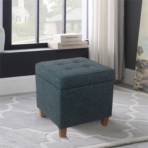 HomePop Square Transitional Wood and Fabric Storage Ottoman in Textured Navy