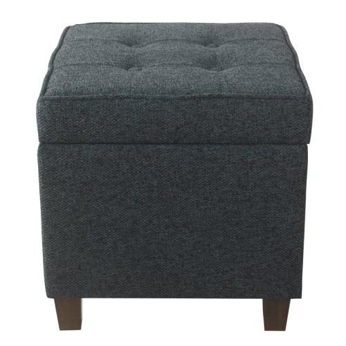 HomePop Square Transitional Wood and Fabric Storage Ottoman in Textured Navy
