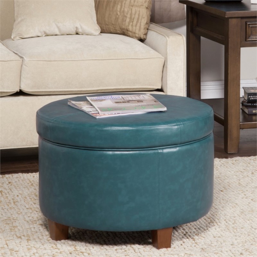 HomePop Transitional Faux Leather Large Storage Ottoman in Blue