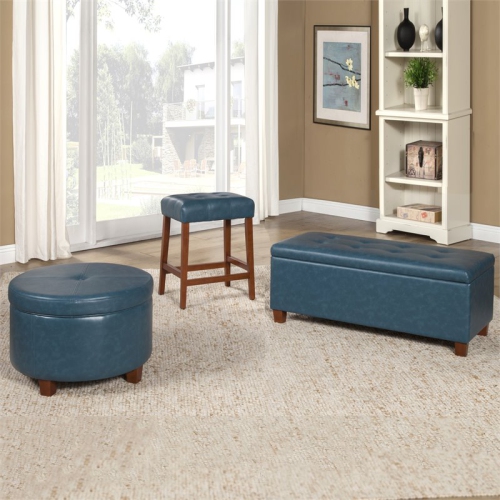 HomePop Transitional Faux Leather Large Storage Ottoman in Blue