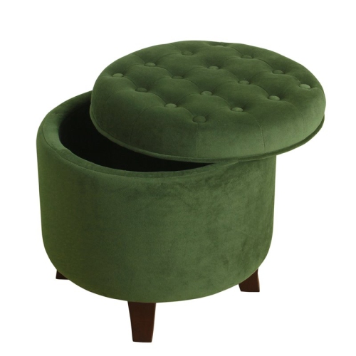 HomePop Round Transitional Wood and Velvet Storage Ottoman in Green