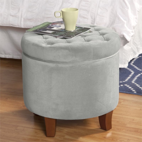 HomePop Round Transitional Wood and Velvet Ottoman with Storage in Gray