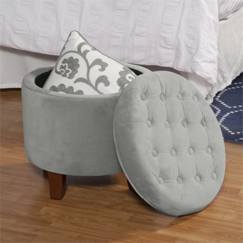 HomePop Round Transitional Wood and Velvet Ottoman with Storage in Gray