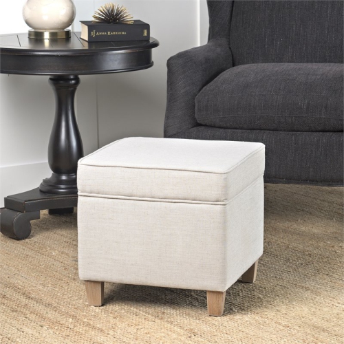 HomePop Cole Square Transitional Wood and Fabric Storage Ottoman in Cream