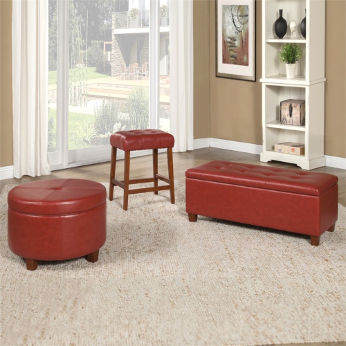 HomePop Transitional Faux Leather Large Storage Ottoman in Red