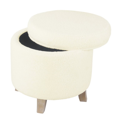 HomePop Round Transitional Faux Sheepskin Fabric Storage Ottoman in Cream
