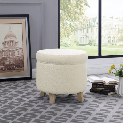 HomePop Round Transitional Faux Sheepskin Fabric Storage Ottoman in Cream