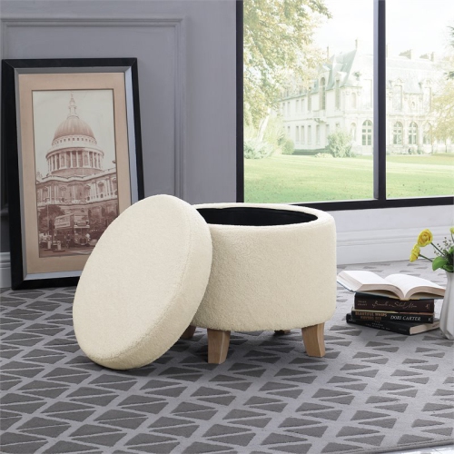 HomePop Round Transitional Faux Sheepskin Fabric Storage Ottoman in Cream