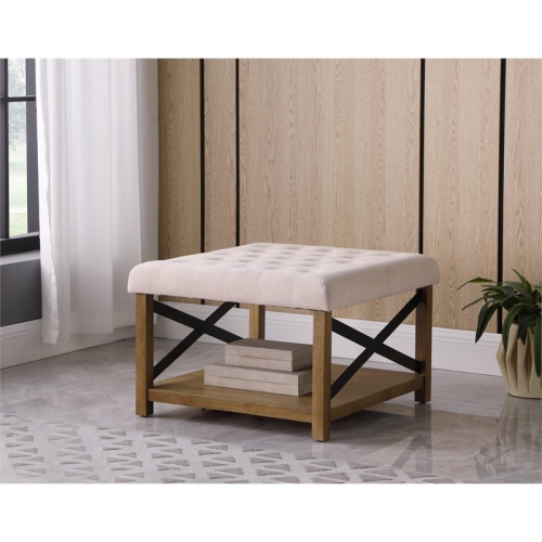 HomePop Traditional Wood and Fabric Tufted Ottoman with Storage in Cream