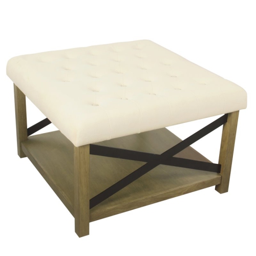 HomePop Traditional Wood and Fabric Tufted Ottoman with Storage in Cream
